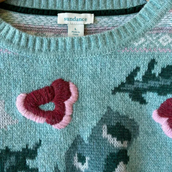 Sundance Bold Botanic Floral Knit Embroidered Wool Sweater Jumper Aqua Size L - Picture 6 of 9